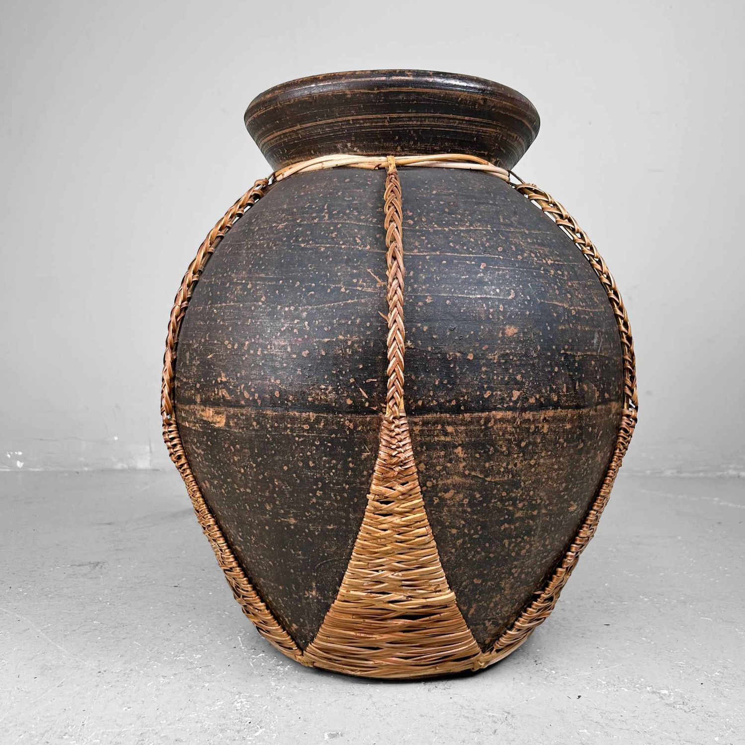 Earthenware Jar Vase with Bamboo Wickerwork, Takago (竹籠), Taishō, Japan. Earthenware Jar Vase with Bamboo Wickerwork, Takago (竹籠), Taishō, Japan.