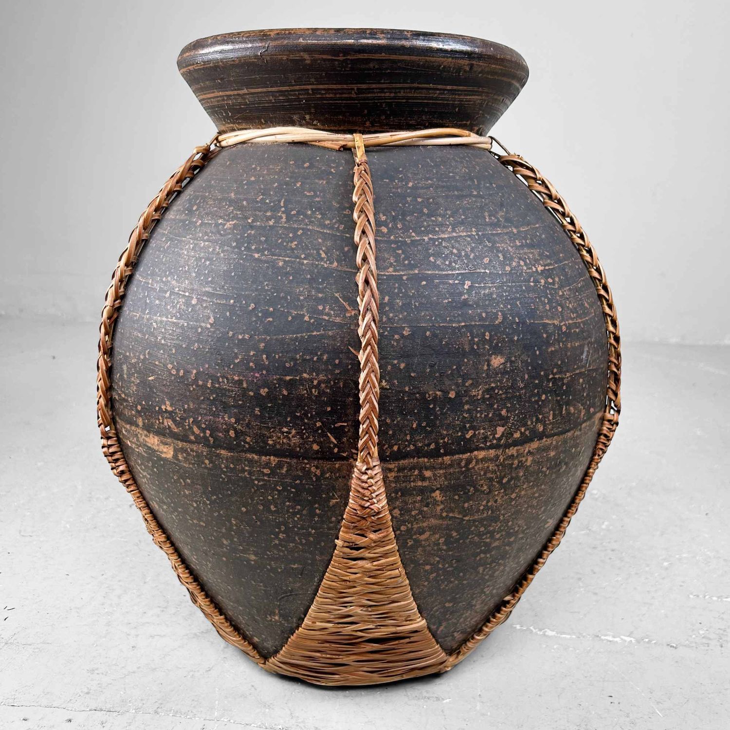 Earthenware Jar Vase with Bamboo Wickerwork, Takago (竹籠), Taishō, Japan. Earthenware Jar Vase with Bamboo Wickerwork, Takago (竹籠), Taishō, Japan.