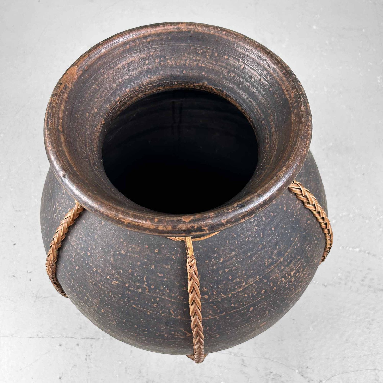 Earthenware Jar Vase with Bamboo Wickerwork, Takago (竹籠), Taishō, Japan. Earthenware Jar Vase with Bamboo Wickerwork, Takago (竹籠), Taishō, Japan.