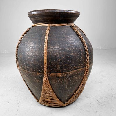 Earthenware Jar Vase with Bamboo Wickerwork, Takago (竹籠), Taishō, Japan.