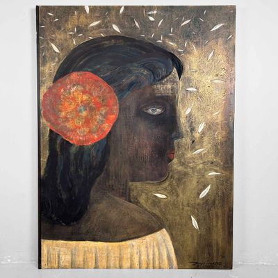 Uniek Japans Schilderij 'Vrouw met Bloem' door Yuiji Umetsu 梅津, 1989.