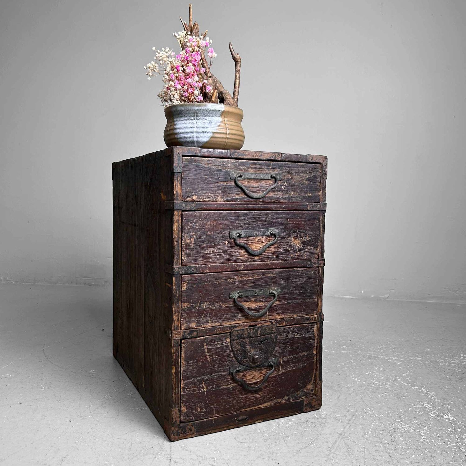 Antique Wooden Archival Chest of Drawers, Meiji Period, Japan.