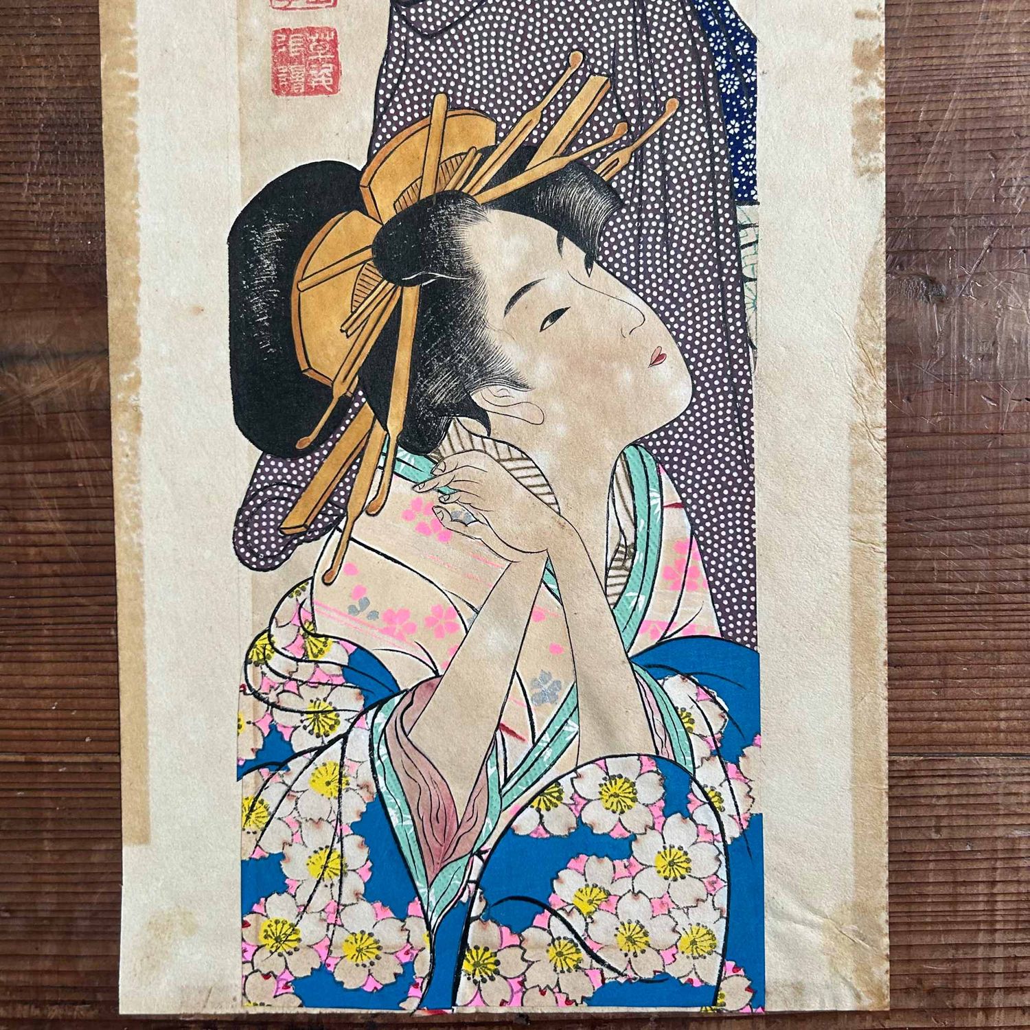 Unique Japanese Drawing, Man with Geisha, Katsushika Orita, 1940s.