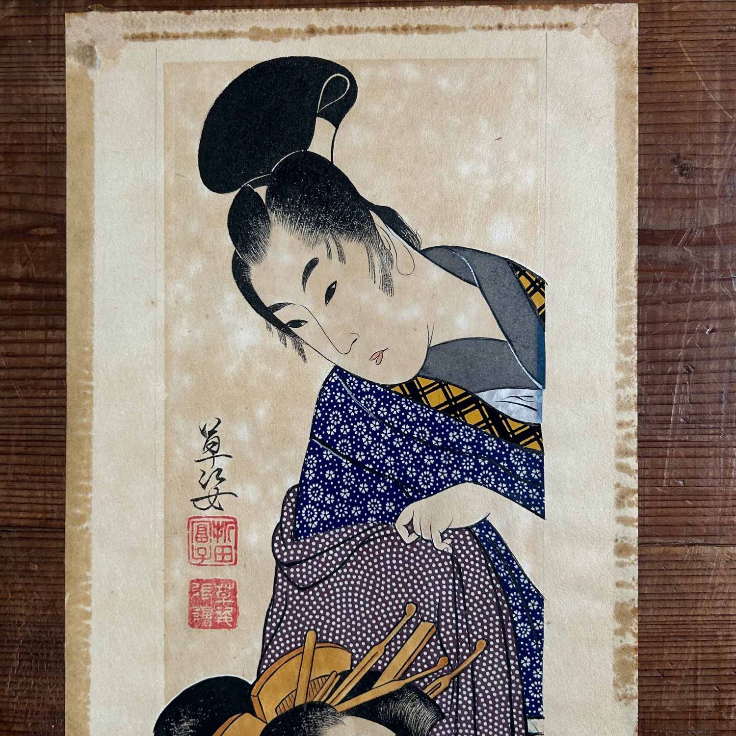 Unique Japanese Drawing, Man with Geisha, Katsushika Orita, 1940s.