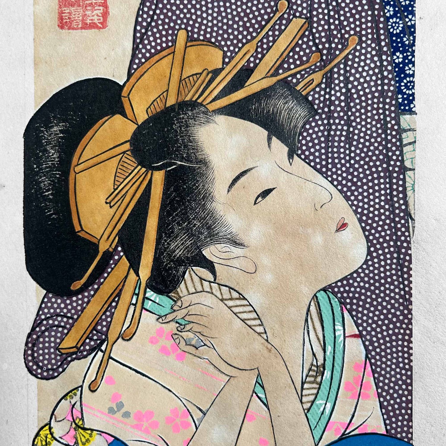 Unique Japanese Drawing, Man with Geisha, Katsushika Orita, 1940s.