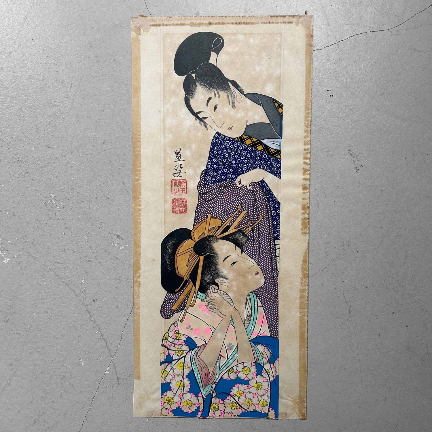 Unique Japanese Drawing, Man with Geisha, Katsushika Orita, 1940s.