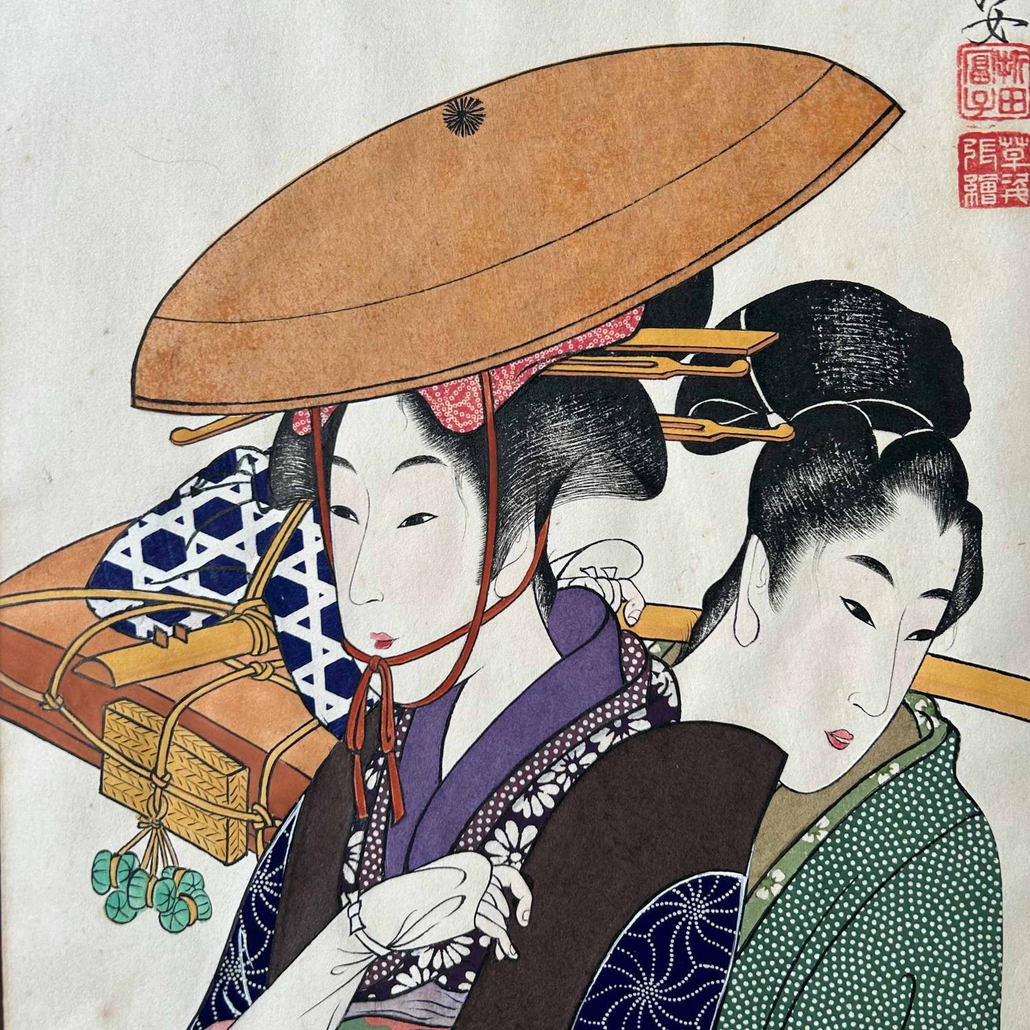 Unieke Japanse Tekening, Geisha met Maiko, Katsushika Orita, jaren '40.