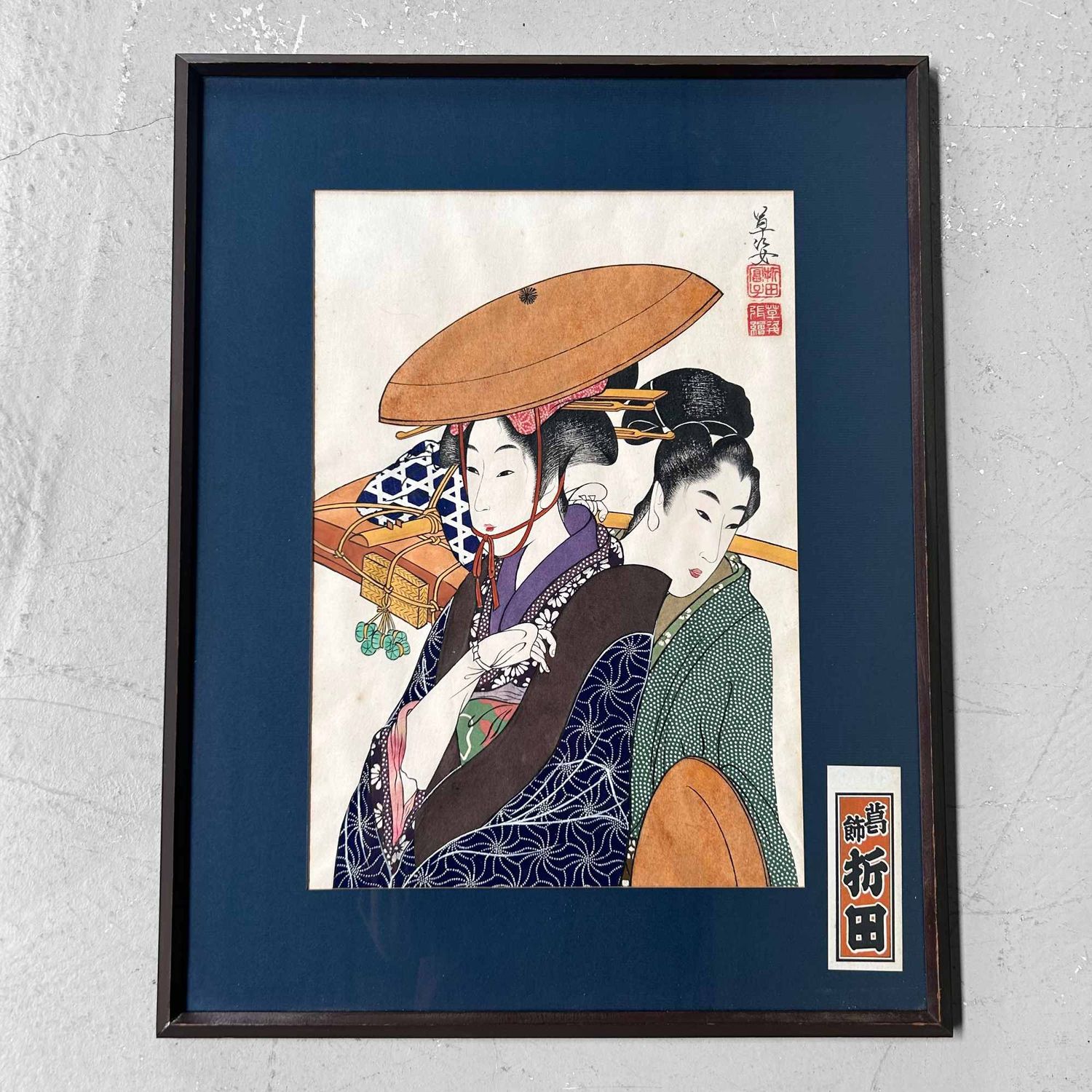 Unieke Japanse Tekening, Geisha met Maiko, Katsushika Orita, jaren '40.