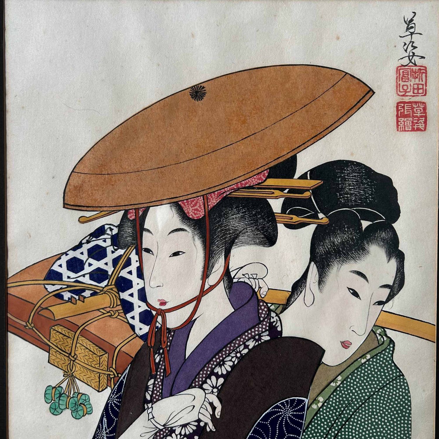 Unieke Japanse Tekening, Geisha met Maiko, Katsushika Orita, jaren '40.