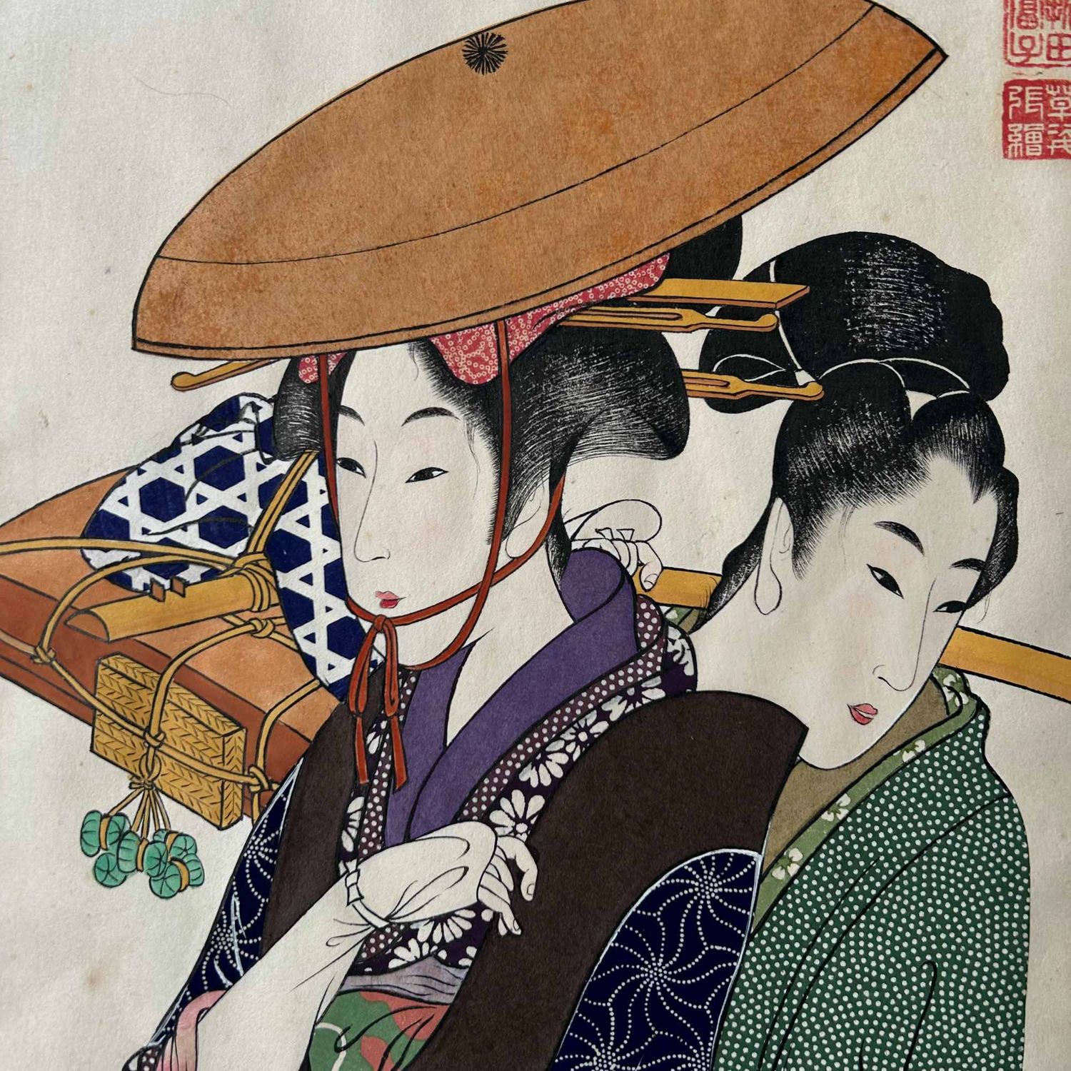Unieke Japanse Tekening, Geisha met Maiko, Katsushika Orita, jaren '40.