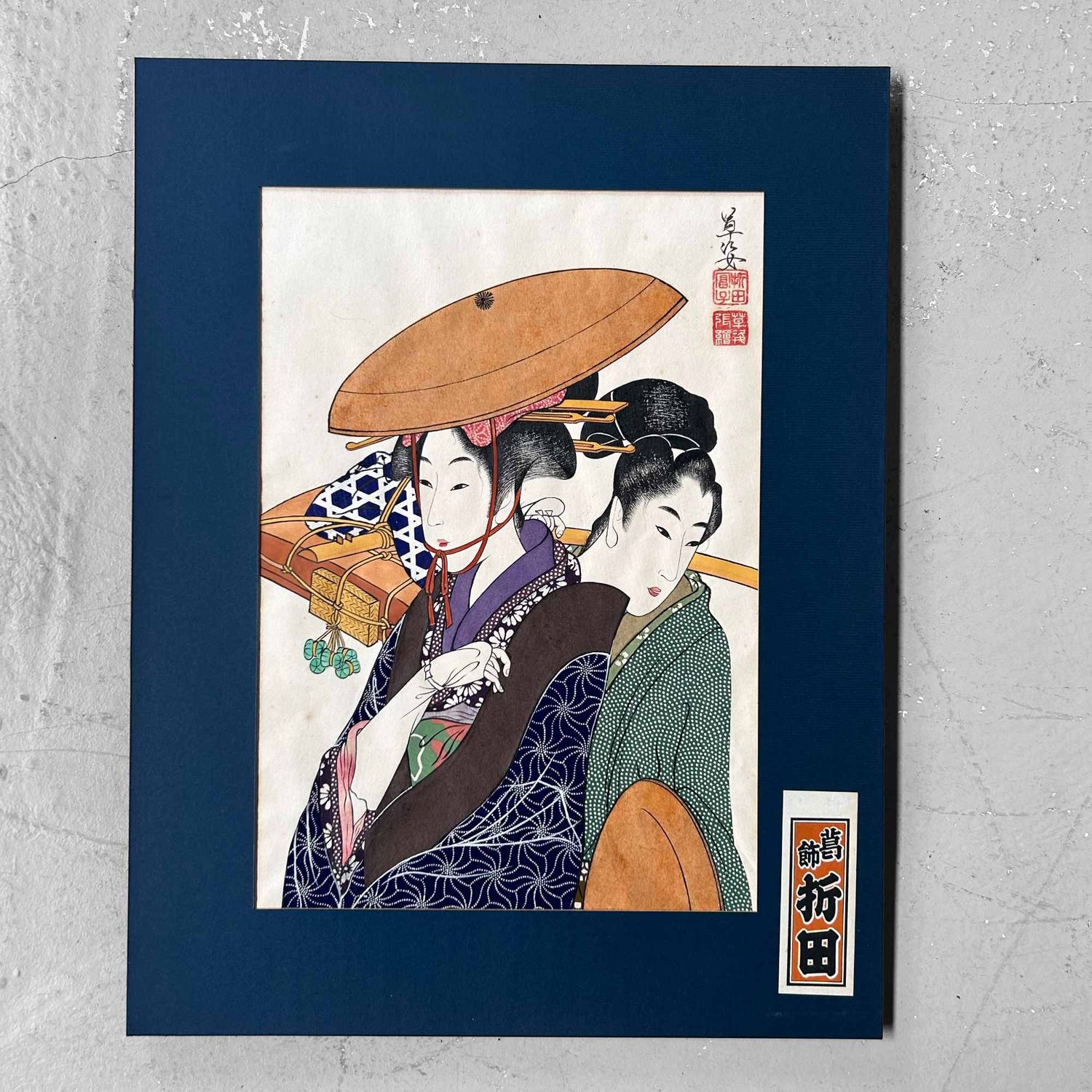 Unieke Japanse Tekening, Geisha met Maiko, Katsushika Orita, jaren '40.