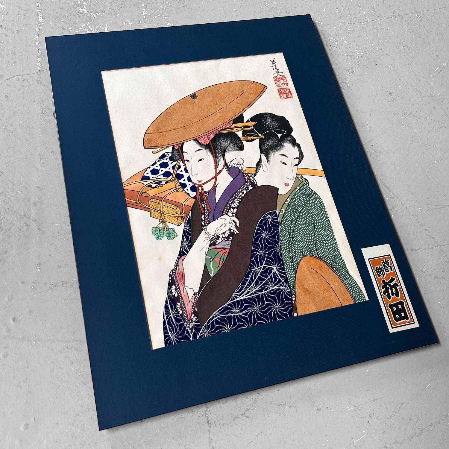 Unieke Japanse Tekening, Geisha met Maiko, Katsushika Orita, jaren '40.