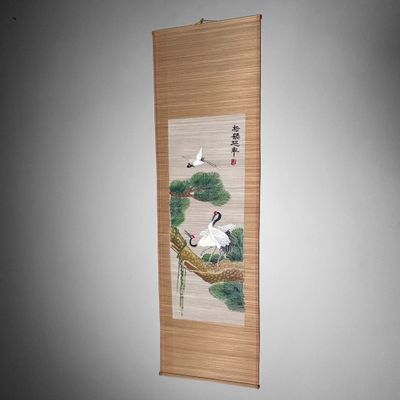 Japanese Bamboo Scroll, Cranes, Shōwa Period.