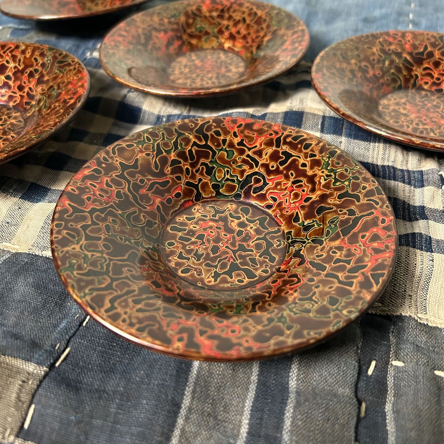 Set Houten Bordjes, Tsugaru Lakwerk, Shōwa Periode, Japan.