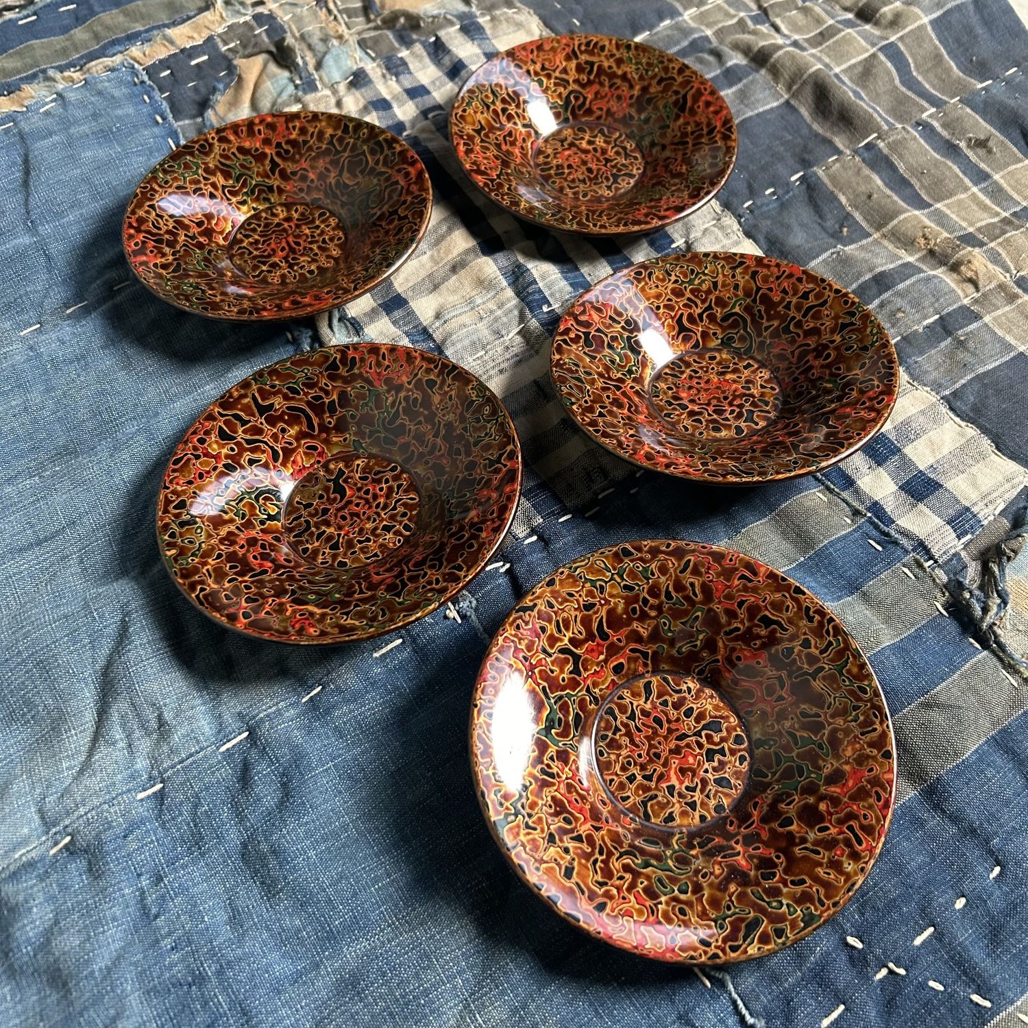 Set Houten Bordjes, Tsugaru Lakwerk, Shōwa Periode, Japan.