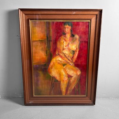 Oil Painting, 'Body with Red Curtain,' Shōwa Period, Japan.