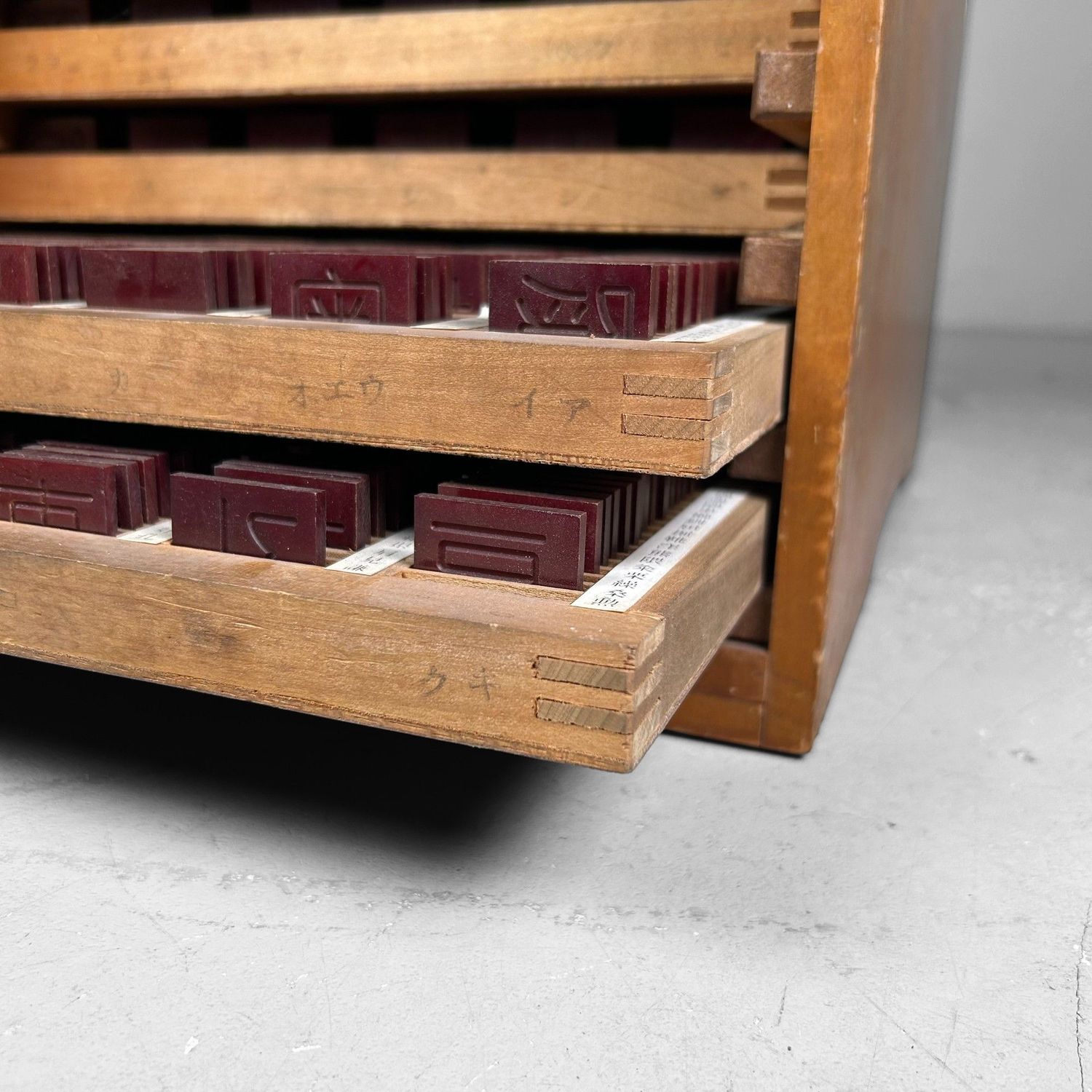 Wooden Letterpress Drawer, Kanji, Shōwa Period, Japan. Wooden Letterpress Drawer, Kanji, Shōwa Period, Japan.