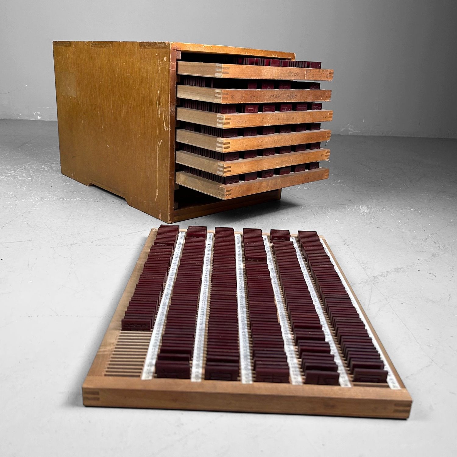 Wooden Letterpress Drawer, Kanji, Shōwa Period, Japan. Wooden Letterpress Drawer, Kanji, Shōwa Period, Japan.