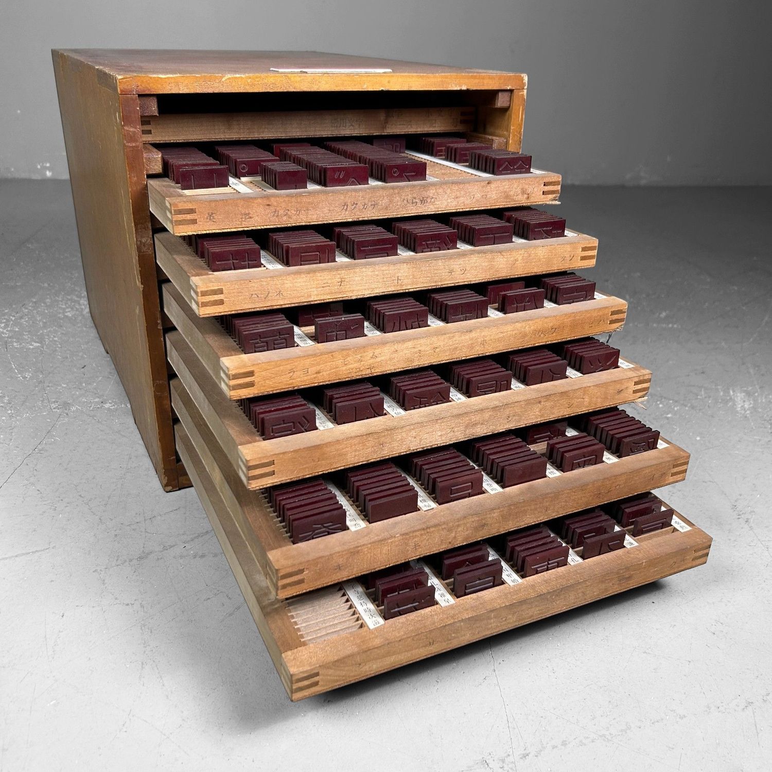 Wooden Letterpress Drawer, Kanji, Shōwa Period, Japan. Wooden Letterpress Drawer, Kanji, Shōwa Period, Japan.
