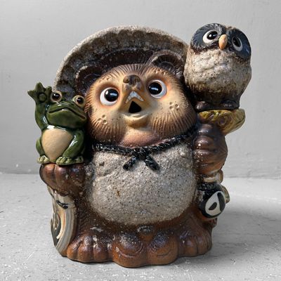 Cheerful Vintage Tanuki with Frog & Owl, Shigaraki, Japan.