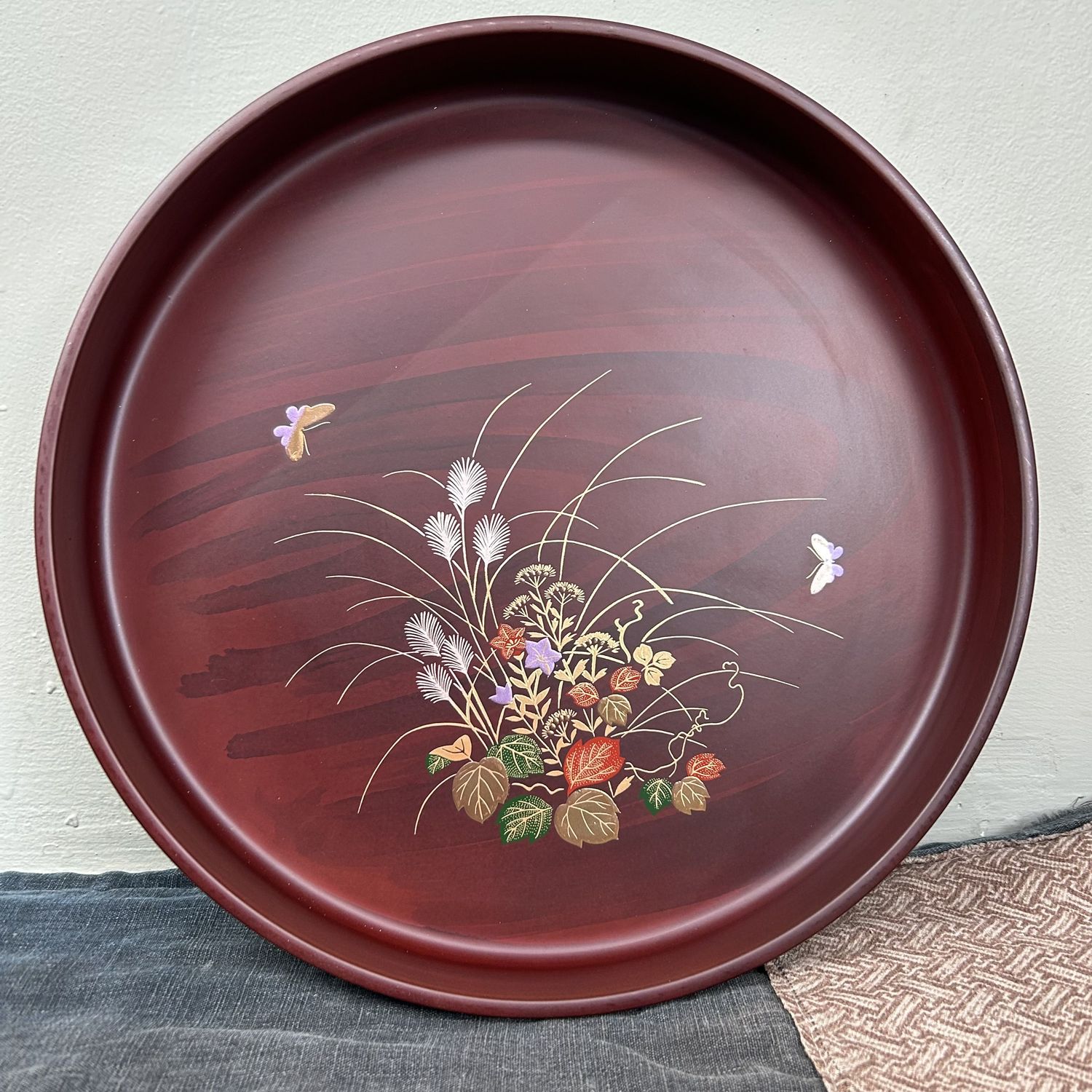 Mid Century Japanese Round Tray, 'Flowers & Butterflies', 1970s.