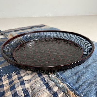 Decorative Rantai Lacquerware Obon, Bamboo Bowl, Shōwa Period.