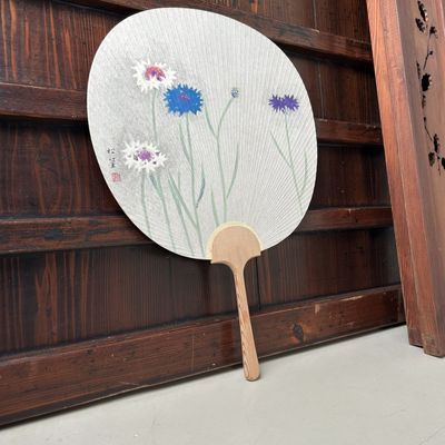 Japanese Hand Fan, Uchiwa, 'Cornflowers', Shōwa Period.