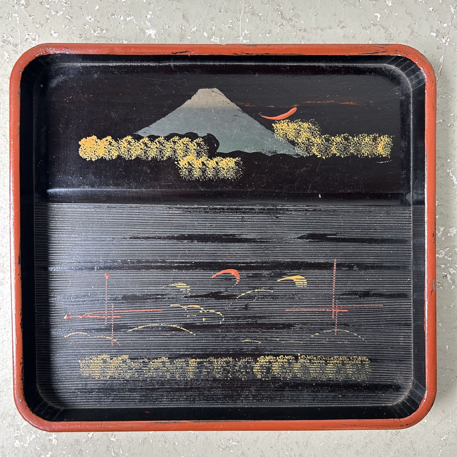 Set of Wooden Lacquer Trays, Mountain Landscape, Taishō Period.