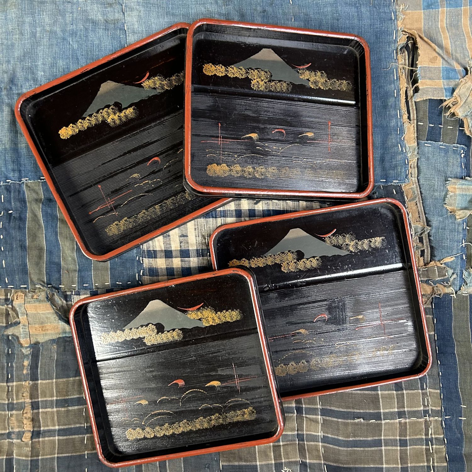 Set of Wooden Lacquer Trays, Mountain Landscape, Taishō Period.