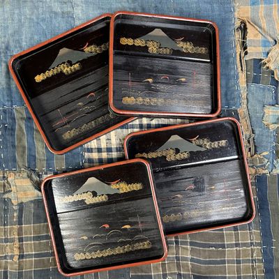 Set of Wooden Lacquer Trays, Mountain Landscape, Taishō Period.