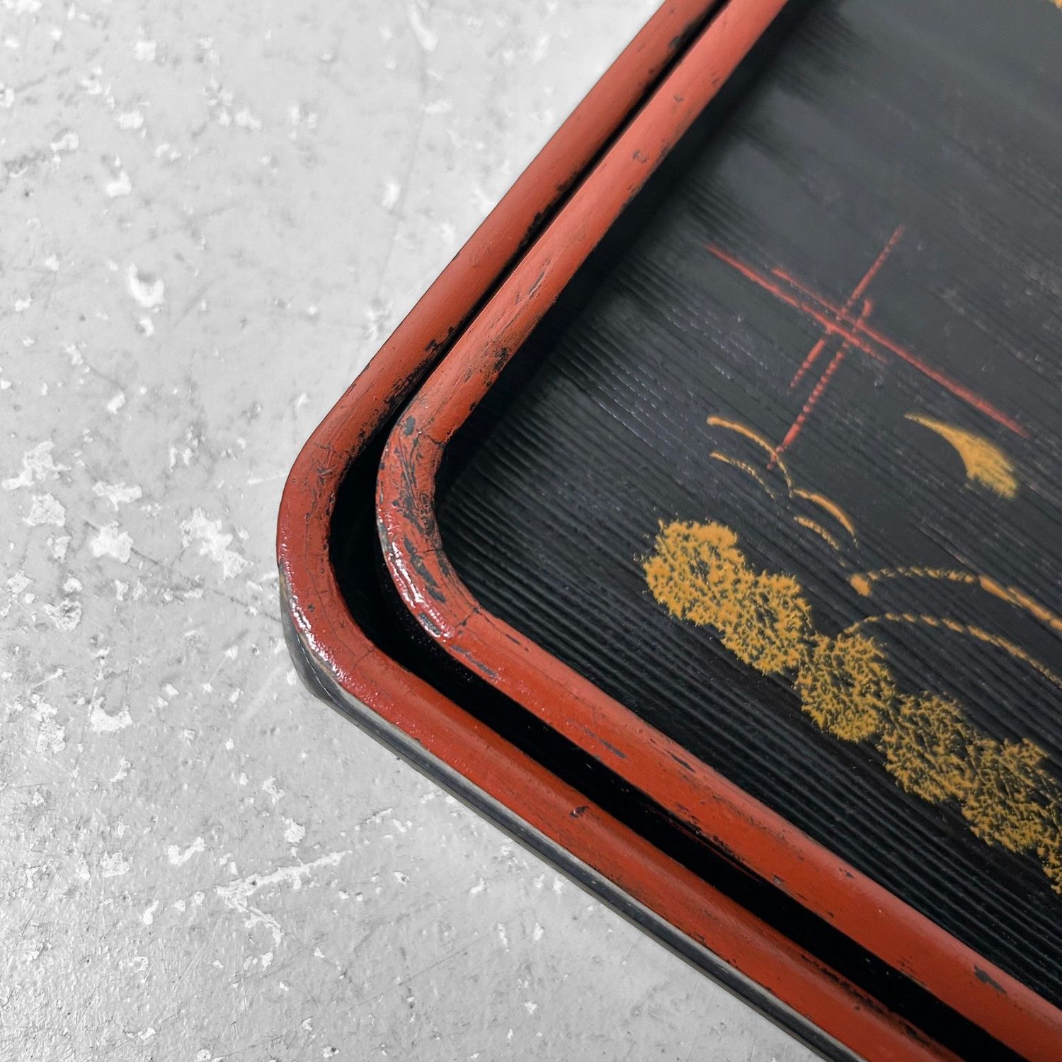 Set of Wooden Lacquer Trays, Mountain Landscape, Taishō Period.