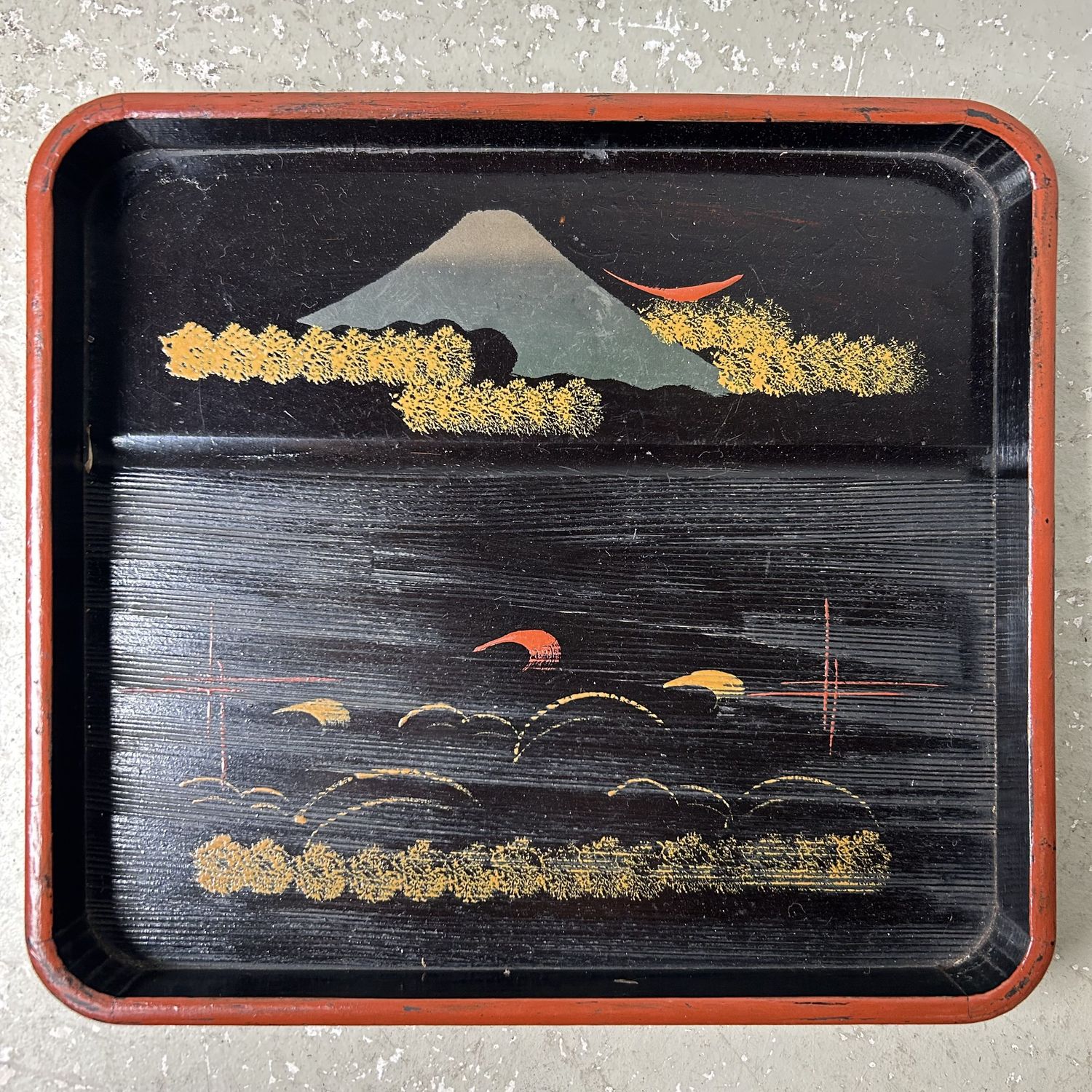 Set of Wooden Lacquer Trays, Mountain Landscape, Taishō Period.
