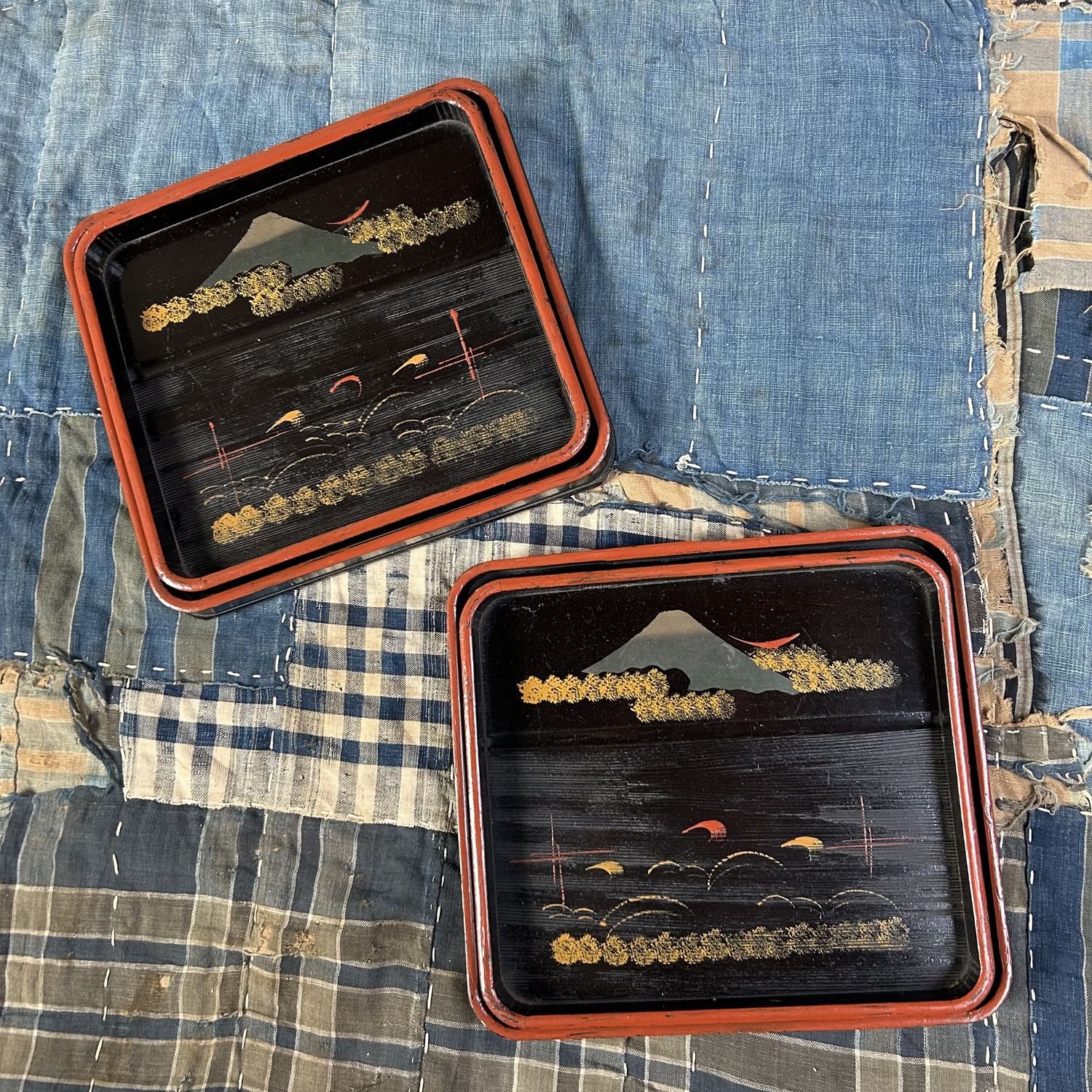 Set of Wooden Lacquer Trays, Mountain Landscape, Taishō Period.