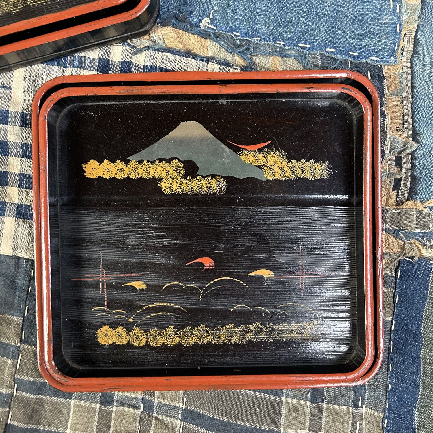 Set of Wooden Lacquer Trays, Mountain Landscape, Taishō Period.