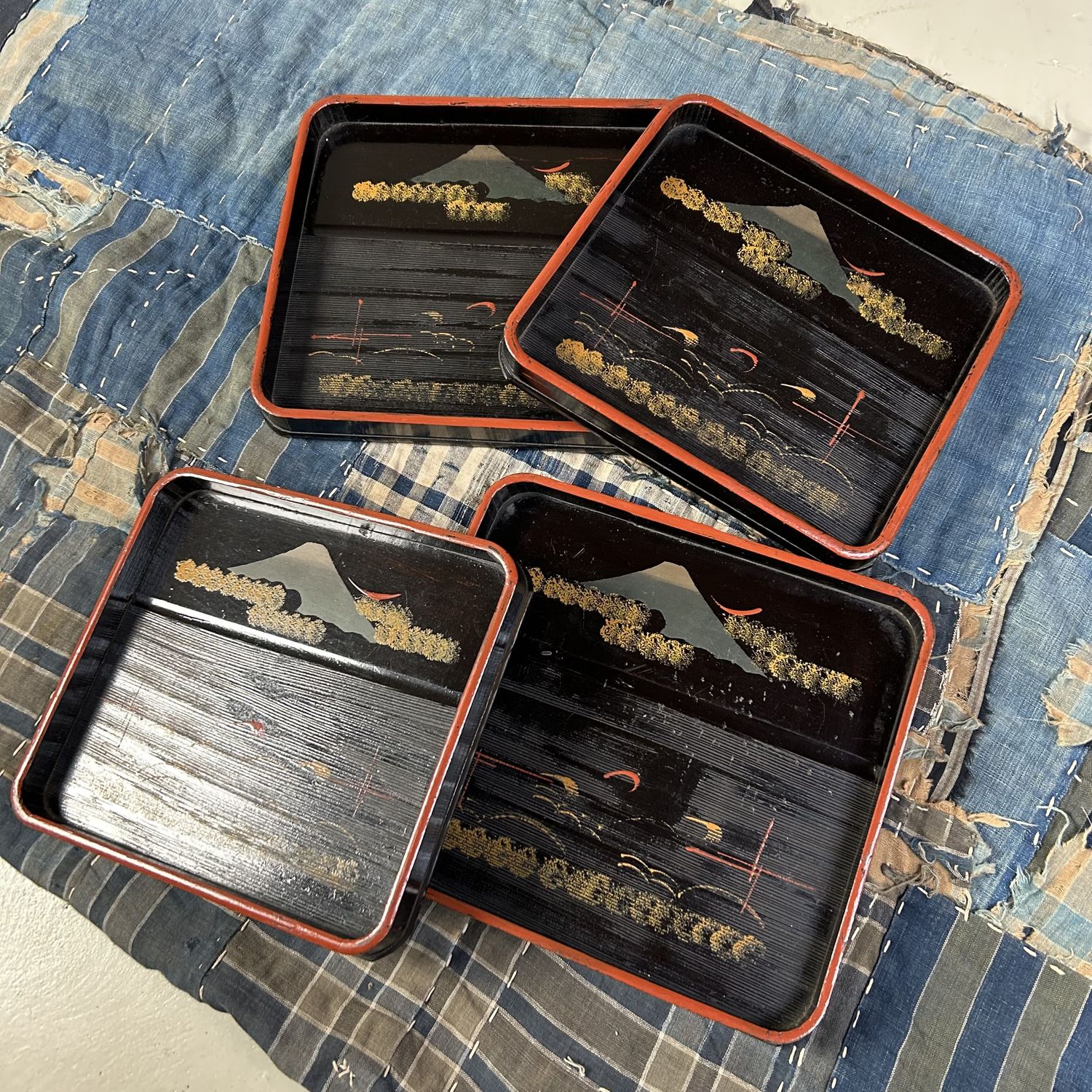 Set of Wooden Lacquer Trays, Mountain Landscape, Taishō Period.