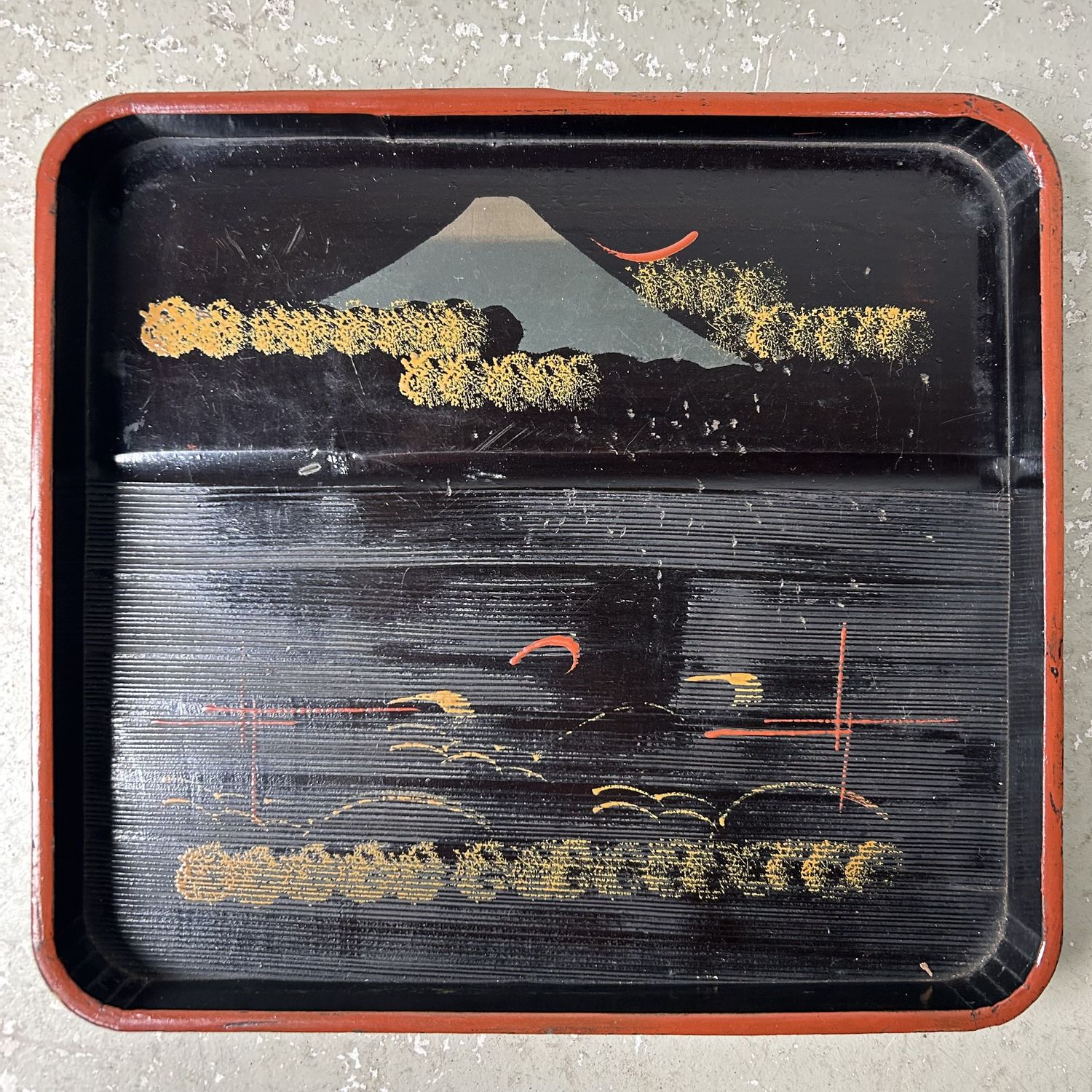 Set of Wooden Lacquer Trays, Mountain Landscape, Taishō Period.