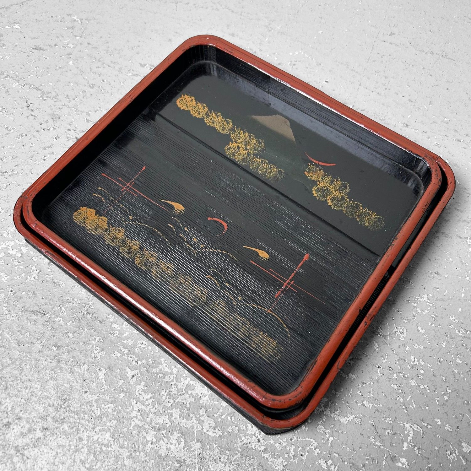 Set of Wooden Lacquer Trays, Mountain Landscape, Taishō Period.