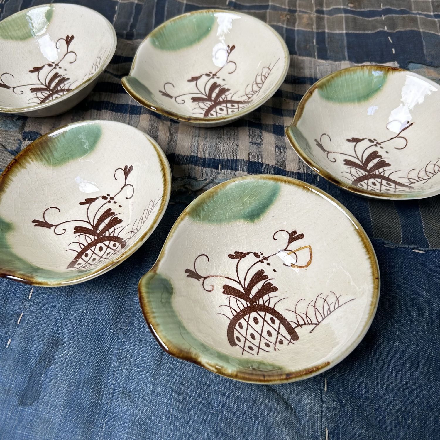 Set Vintage Serveer Schaaltjes, Oribe Ware, Japan.