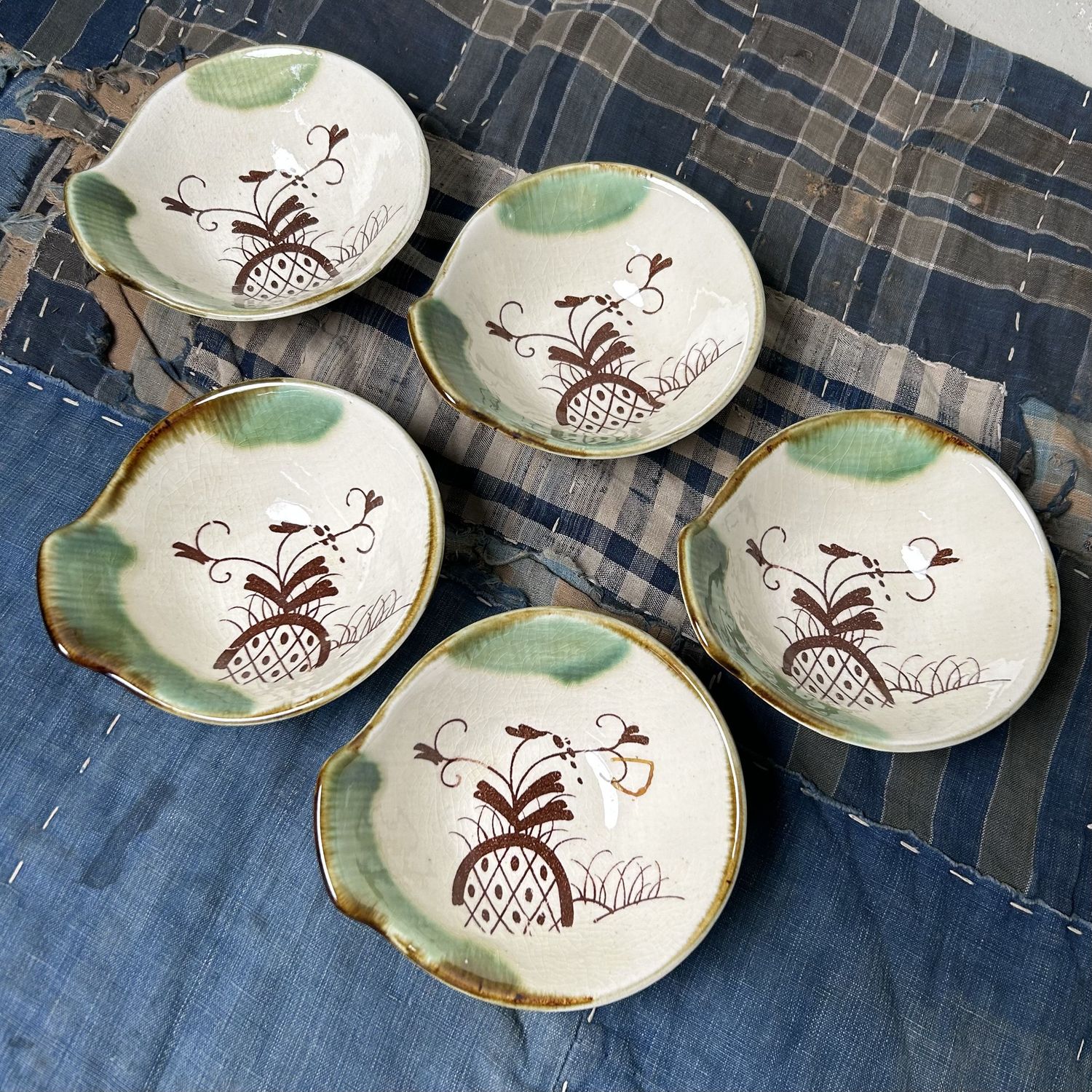 Set Vintage Serveer Schaaltjes, Oribe Ware, Japan.