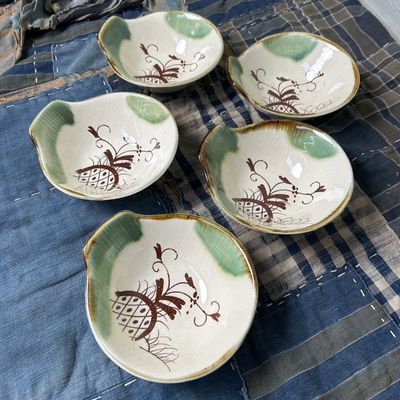 Set Vintage Serveer Schaaltjes, Oribe Ware, Japan.