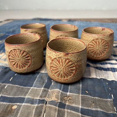 Set of Japanese Vintage Pottery Teacups with Chrysanthemum Motif.