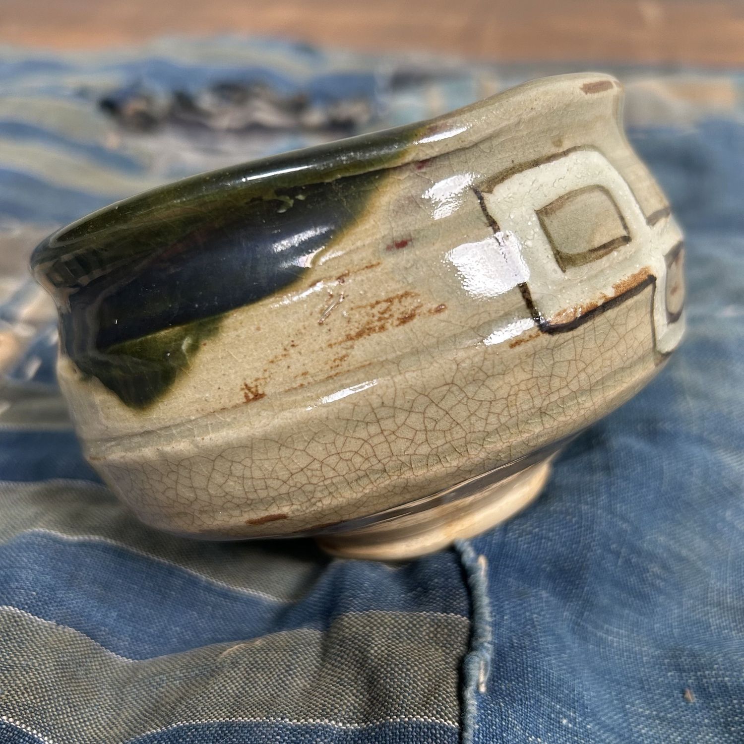 Unique Vintage Oribe Ware Chawan Tea Bowl, Shunji Kato, 1960s.