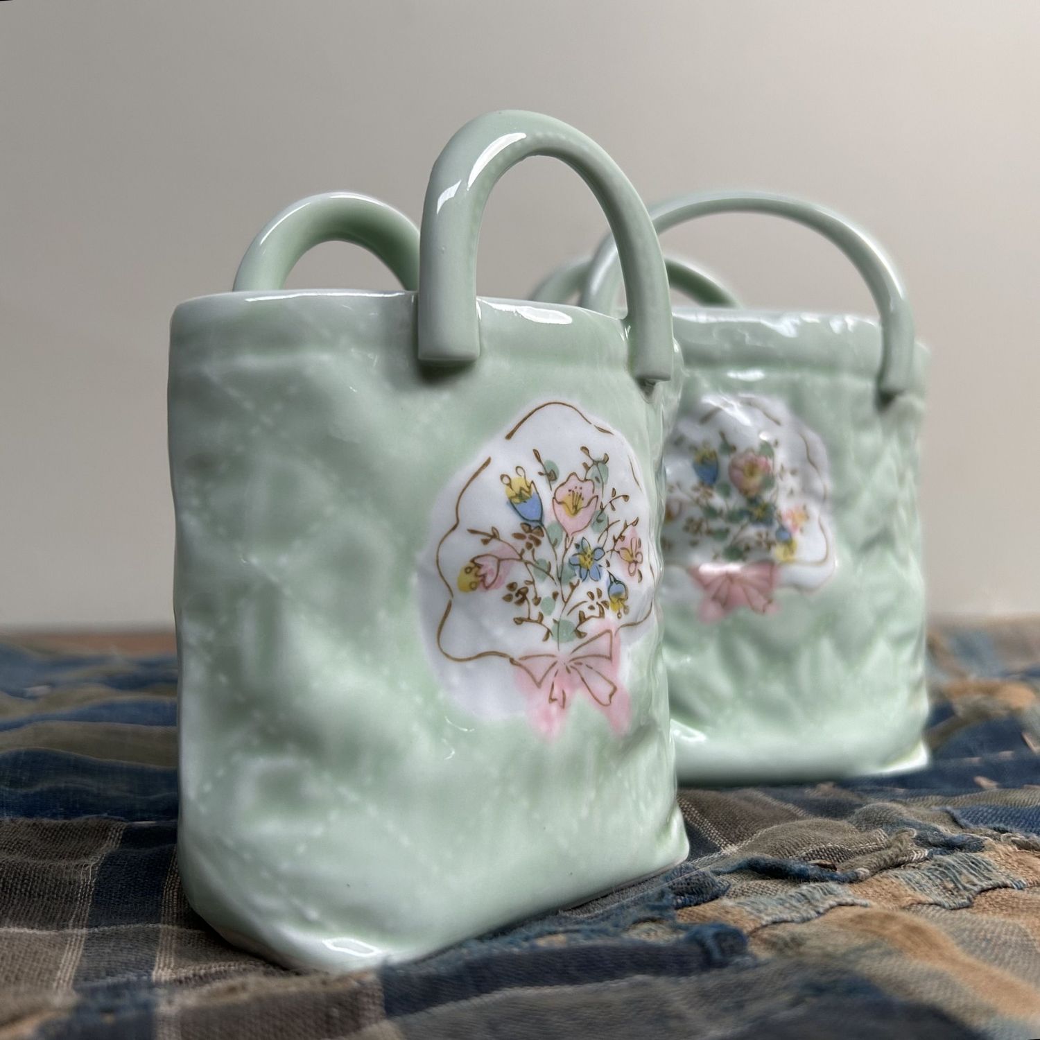 Set of Two Porcelain 'Handbag' Vases, Hasami Ware, 1980s. Set of Two Porcelain 'Handbag' Vases, Hasami Ware, 1980s.