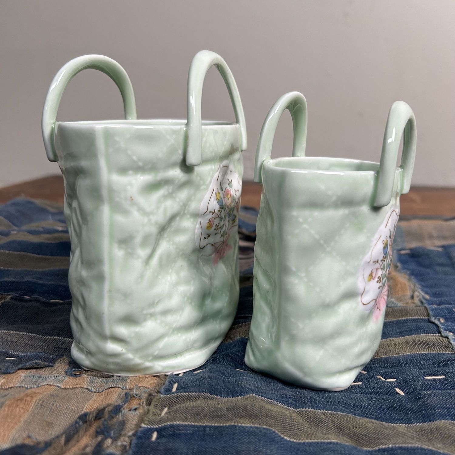 Set of Two Porcelain 'Handbag' Vases, Hasami Ware, 1980s. Set of Two Porcelain 'Handbag' Vases, Hasami Ware, 1980s.