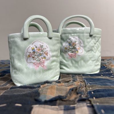 Set of Two Porcelain 'Handbag' Vases, Hasami Ware, 1980s.