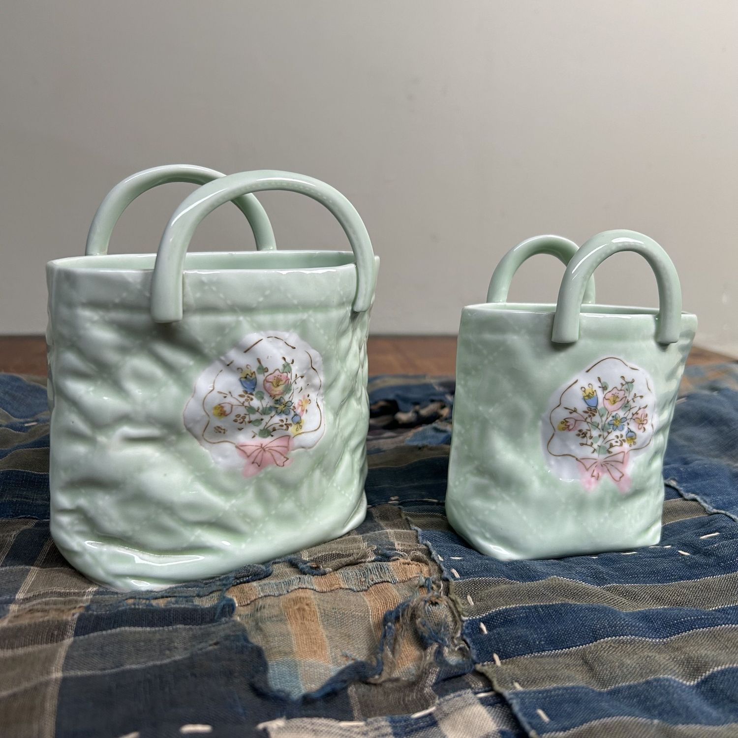 Set of Two Porcelain 'Handbag' Vases, Hasami Ware, 1980s. Set of Two Porcelain 'Handbag' Vases, Hasami Ware, 1980s.
