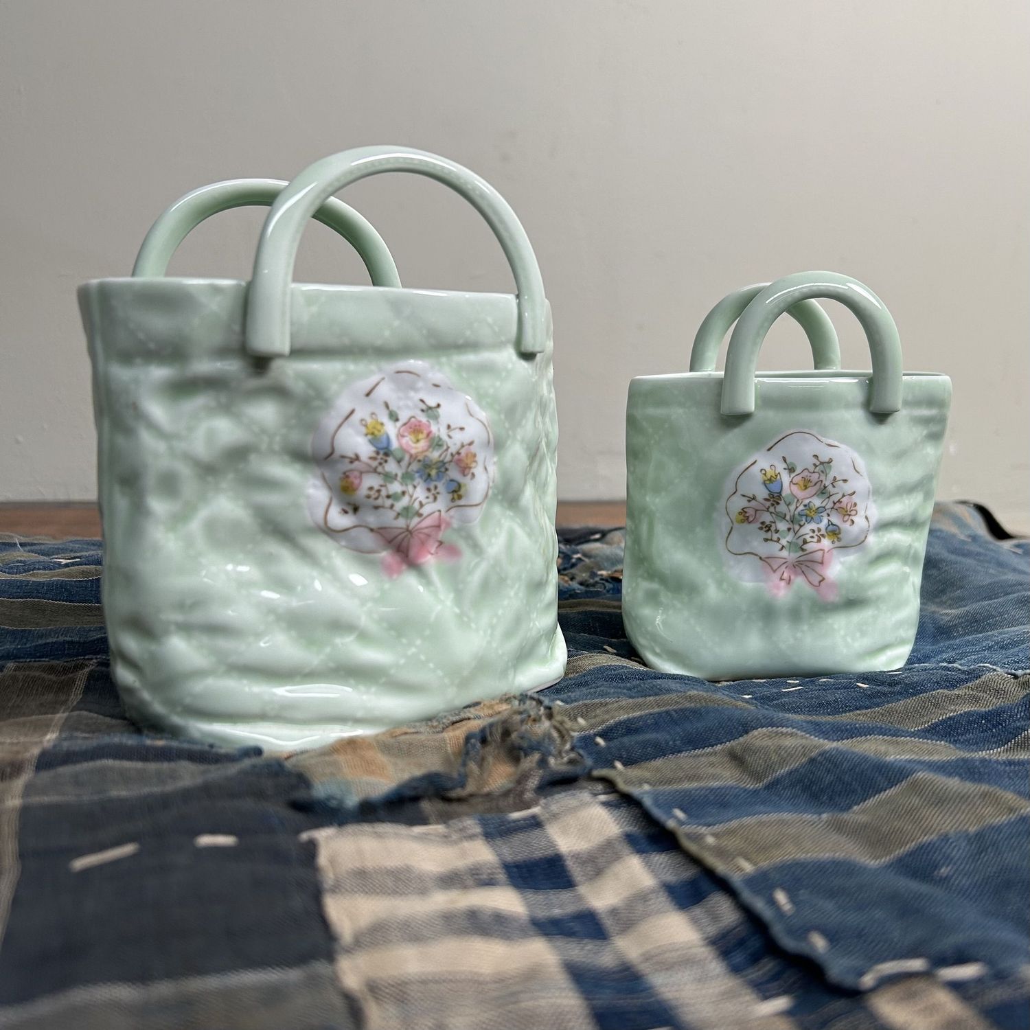 Set of Two Porcelain 'Handbag' Vases, Hasami Ware, 1980s. Set of Two Porcelain 'Handbag' Vases, Hasami Ware, 1980s.