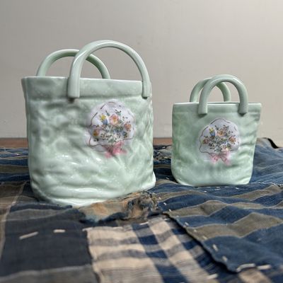 Set of Two Porcelain 'Handbag' Vases, Hasami Ware, 1980s.