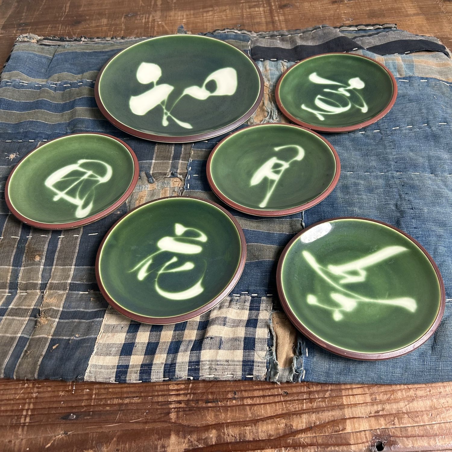 Vintage Kyo Yaki Plate Set with Calligraphy, Japan, 1960s.