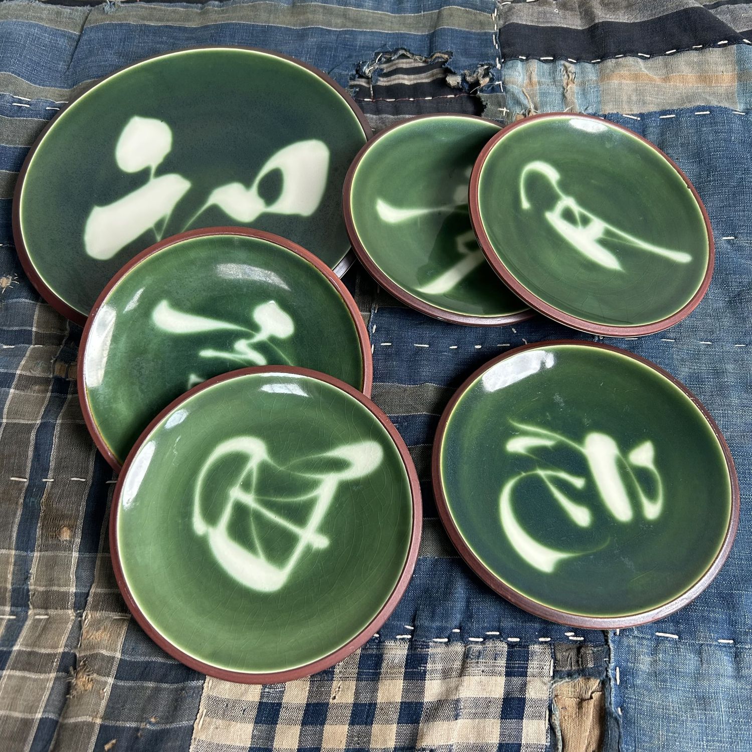 Vintage Kyo Yaki Plate Set with Calligraphy, Japan, 1960s.